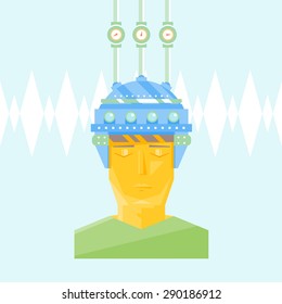 Cartoon helmet on man head with lamps for creation ideas, brainstorm, brain activity, brain drain, flat style