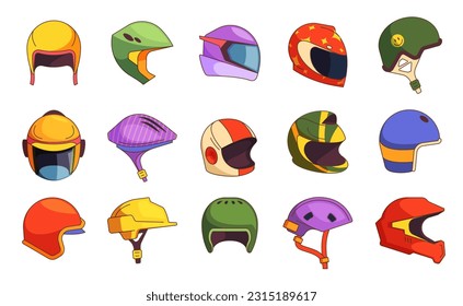 Cartoon helmets collection. Head protection sport headgear, racing bike car motorbike helmet, extreme sport equipment. Vector set. Different safety equipment for riding bicycle, motorcycle