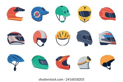 Cartoon helmets set. Bikers helmet collection, isolated head protect for moto sport or bicycle. Driver safety accessories, decent vector equipment