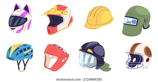 Cascos de dibujos animados. Tipo del casco, motocicleta visera protectora de la bici de fútbol moto deportiva de la vespa para la carrera del camino del conductor del jinete o los sombreros de los trabajos de construcción, Ilustración vectorial elegante