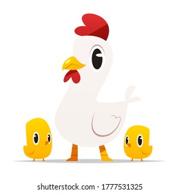 Gallina de caricatura con vectores de pollitos de bebé ilustraciones aisladas