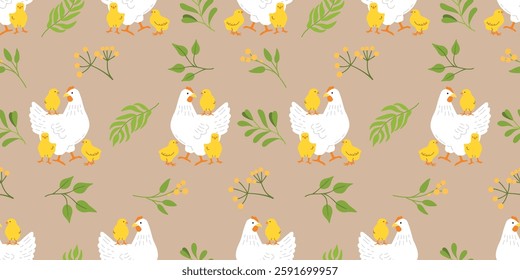 Cartoon hen with chicks seamless pattern. Cute birds family and twigs. Green, yellow and white colors on beige background. Spring print on fabric and paper.Vector design for textile, wallpaper, cover.