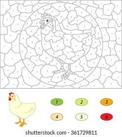 Cartoon hen. Color by number educational game for kids. Vector illustration for schoolchild and preschool