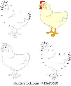 Cartoon hen. Coloring book and dot to dot educational game for kids