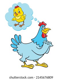 Una caricatura sueña con un pollo. Imagen vectorial de una gallina que sueña con un pollo. Entonces ensueño aislado en un fondo blanco.