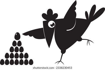 Cartoon hen and eggs illustration. 
Cute hen and a lot of eggs. Сhicken lays eggs. Black and white illustration
