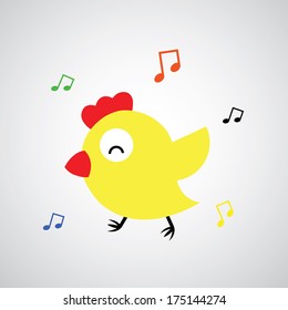 Cartoon hen with eggs on gray background 