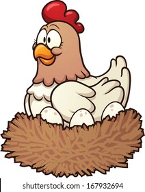 Cartoon hen with eggs on nest. Vector clip art illustration with simple gradients. Hen, eggs and nest on separate layers.