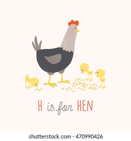 Cartoon hen. H is for Hen. Cartoon vector hand drawn eps 10 illustration isolated on white background.