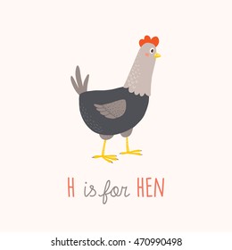 Cartoon hen. H is for Hen. Cartoon vector hand drawn eps 10 illustration isolated on white background.
