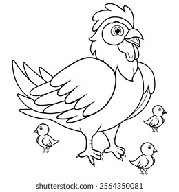 Cartoon hen with her baby chicks line art