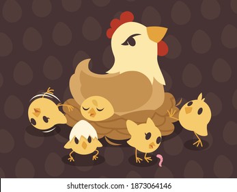 Cartoon hen with her chicks
