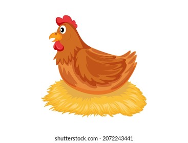 Cartoon hen incubating her eggs on nest of straw. Illustration of a hen sitting in a nest hatching eggs