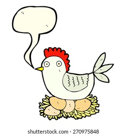 cartoon hen on eggs with speech bubble