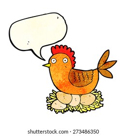 caricatura de gallina sobre huevos con burbuja de habla