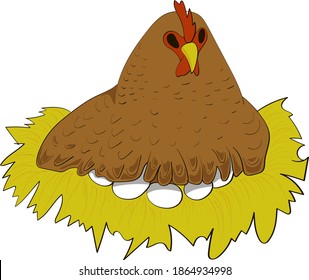 Cartoon hen on nest with eggs. Vector doodle illustration.