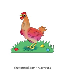 Cartoon hen pecks corn on a meadow