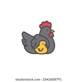 Cartoon hen protects small chick in isolated setting