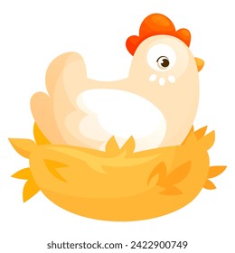 Cartoon hen sitting in the nest, hen laying eggs. Vector illustration of a farm bird - chicken in a straw nest on a white background. Happy easter. Illustration for cards, childrens books, posters.