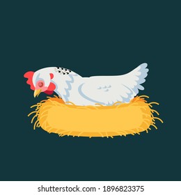 Cartoon hen is sleeping. White Chicken is hatching the egg in the coop. Vector illustration.