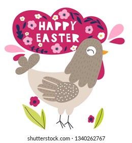 Cartoon hen vector print hand drawn. Illustration for Easter, Spring. Illustrations for  cards, posters, cards, t-shirts, book, textile.