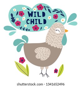 Cartoon hen vector print hand drawn. Illustrations for  cards, posters, cards, t-shirts, book, textile.