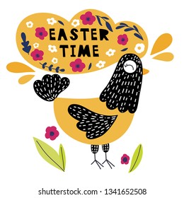 Cartoon hen vector print hand drawn. Illustration for Easter, Spring. Illustrations for  cards, posters, cards, t-shirts, book, textile.