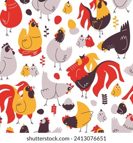 Cartoon hens pattern. Seamless print of Easter decorative farm animal characters for greeting cards, holiday decor and party decoration. Vector texture chicken background, easter egg illustration