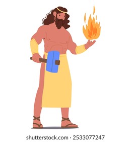 Cartoon Hephaestus an Ancient Greek God Character Holding Fire In One Hand And A Hammer In The Other Exhibiting Power And Control In A Mythological Context Reflecting The Power And Might Of The Deity