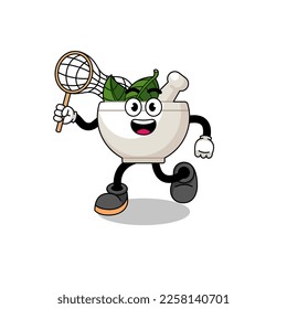Cartoon of herbal bowl catching a butterfly , character design