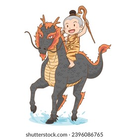 Cartoon hermit boy riding a black dragon horse.