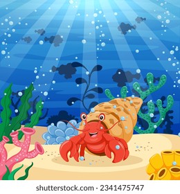 Cartoon hermit crab and beautiful underwater world  Vector illustration