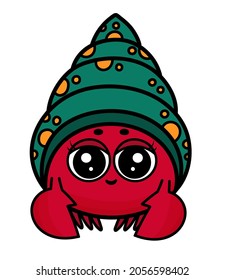 Cartoon hermit crab. Cute soldier-crab. Underwater ocean life, marine animal. Funny soldier-crab isolated. Marine theme, ocean life. Hermit crab icon n white background.
