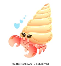 Cartoon hermit crab with playful heart bubbles. Vector Illustration for childrens educational materials, nursery decor