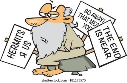 cartoon hermit old man holding doom and gloom signs