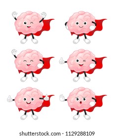 Cartoon hero brain character set. happy cute tooth superheroes. Inspiration cartoon brain concept. Vector illustration isolated on white background.