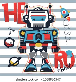 Cartoon hero robot in galaxy on striped background illustration vector, T-shirt design for kids.