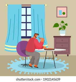 Cartoon hero sits on chair in the living room and eats a slice of pizza. Online home delivery food . Cozy interior. Stay home be safe awareness social media campaign and coronavirus prevention
