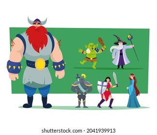 Héroes de dibujos animados e ilustraciones vectoriales monstruosas. Viking gigante, orco, guerrera femenina con espada y escudo aislado en fondo verde. Concepto de fantasía para cuento de hadas, diseño de juegos de ordenador