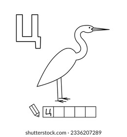 Cartoon heron coloring pages. Learning game for small children - write a word in Russian language. Vector alphabet for kids