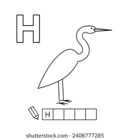 Cartoon heron coloring pages. Learning game for small children - write a word in English language. Vector alphabet for kids