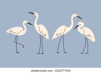 Cartoon heron icon set. Cute bird stand in different poses. Vector illustration for prints, clothing, packaging, stickers.