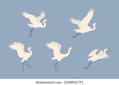 Cartoon heron icon set. Cute bird in different poses. Vector illustration for prints, clothing, packaging, stickers.