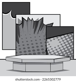 Cartoon Hexagonal gray Stage for mockup presentation. Comic Book Product podium Graphic Presentation. Vector Showcase Illustration.