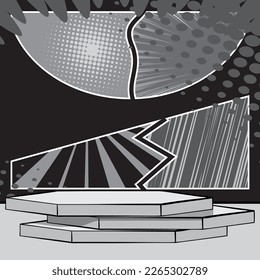 Cartoon Hexagonal gray Stage for mockup presentation. Comic Book Product podium Graphic Presentation. Vector Showcase Illustration.