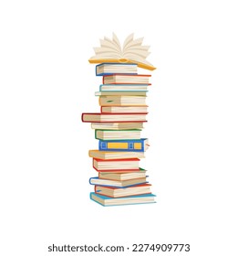 Cartoon high pile of books, stack of textbooks. Vector bookstore literature, paper source of information. Educational tutorials, encyclopedia literature