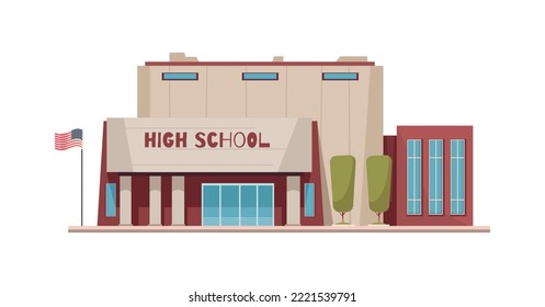 Cartoon high school building exterior on white background vector illustration