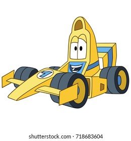 Cartoon high speed racing car in formula 1 championship, isolated on white background. Colorful book page design for kids and children.