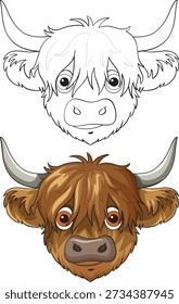 Cartoon Highland cow head vector illustration in full color and black-and-white outline versions.