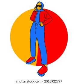 cartoon hijab girl who poses standing and using trendy fashion illustration with pop color